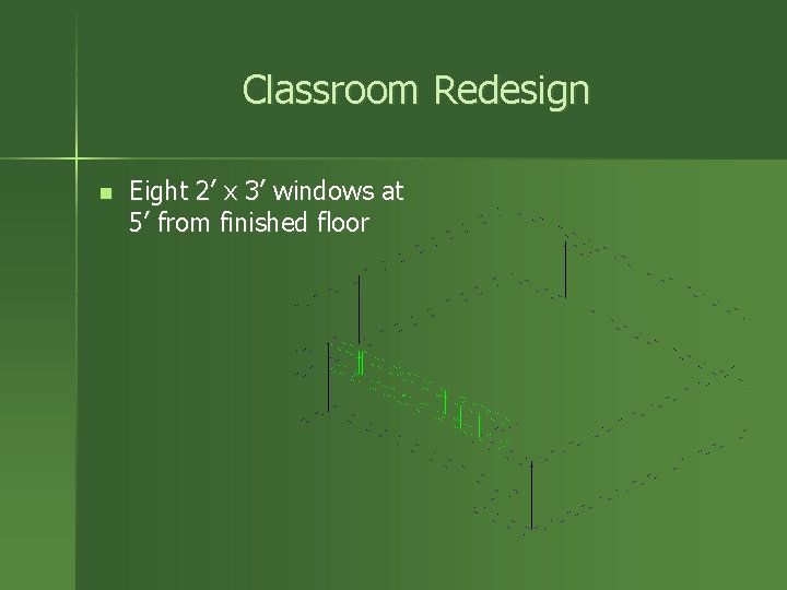 Classroom Redesign n Eight 2’ x 3’ windows at 5’ from finished floor 