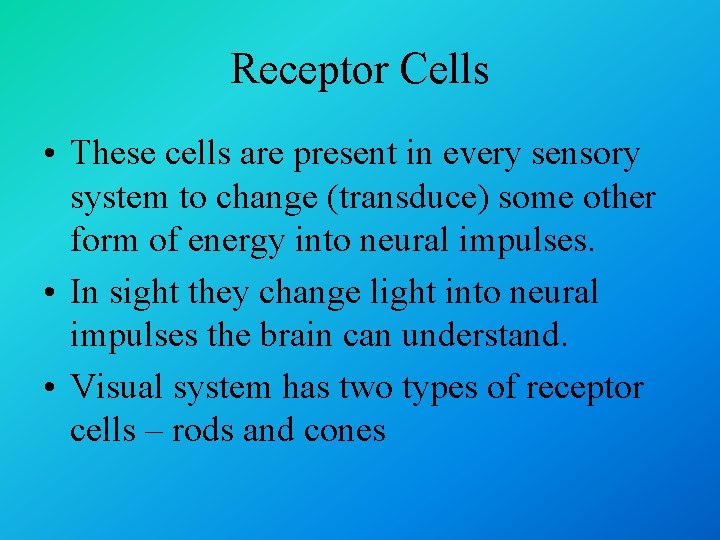 Receptor Cells • These cells are present in every sensory system to change (transduce)