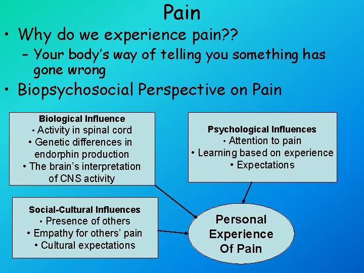 Pain • Why do we experience pain? ? – Your body’s way of telling