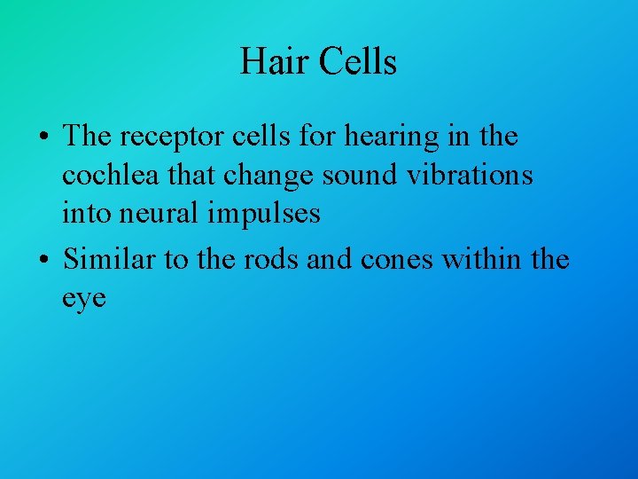 Hair Cells • The receptor cells for hearing in the cochlea that change sound