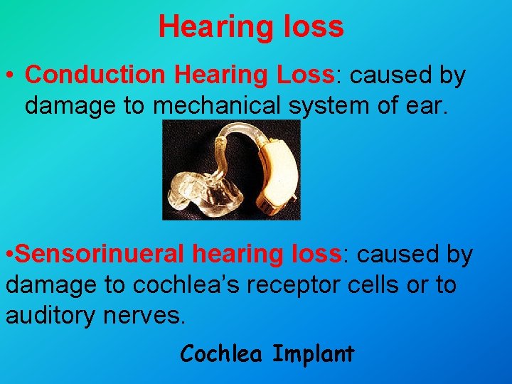 Hearing loss • Conduction Hearing Loss: caused by damage to mechanical system of ear.