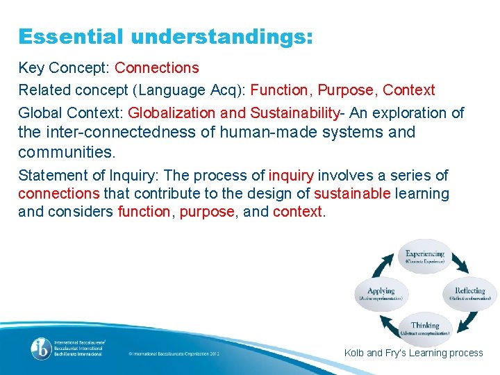 Essential understandings: Key Concept: Connections Related concept (Language Acq): Function, Purpose, Context Global Context: