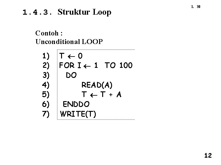 1. 4. 3. Struktur Loop 1. 30 Contoh : Unconditional LOOP 1) 2) 3)