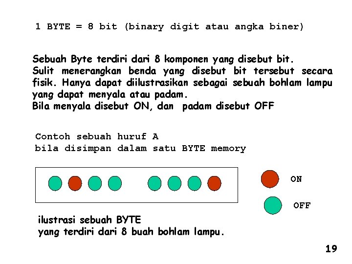 1 BYTE = 8 bit (binary digit atau angka biner) Sebuah Byte terdiri dari