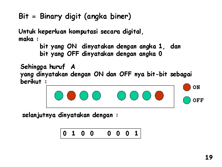 Bit = Binary digit (angka biner) Untuk keperluan komputasi secara digital, maka : bit