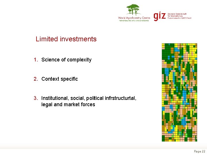 Limited investments 1. Science of complexity 2. Context specific 3. Institutional, social, political infrstructurtal,