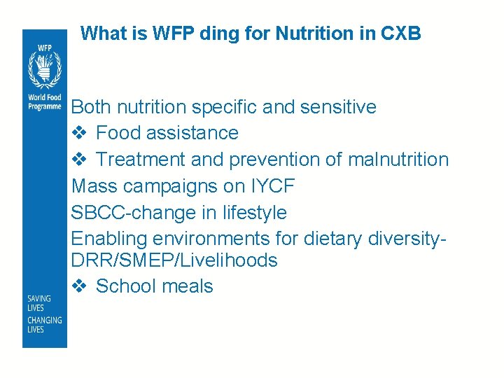 What is WFP ding for Nutrition in CXB Both nutrition specific and sensitive v