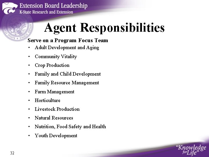 Agent Responsibilities Serve on a Program Focus Team • Adult Development and Aging •