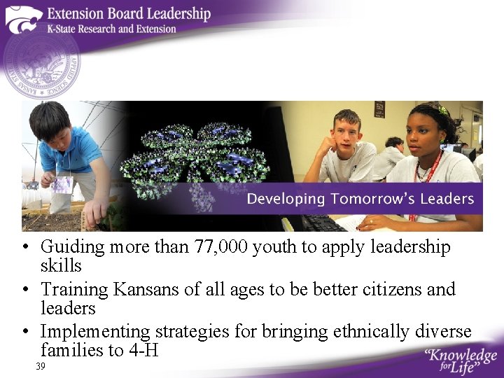  • Guiding more than 77, 000 youth to apply leadership skills • Training