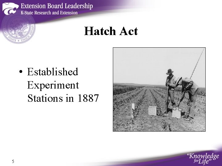 Hatch Act • Established Experiment Stations in 1887 5 