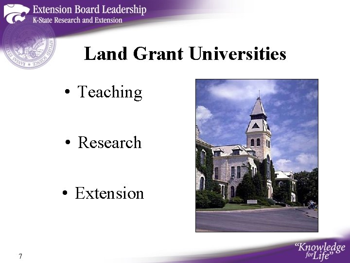 Land Grant Universities • Teaching • Research • Extension 7 