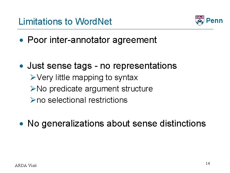 Limitations to Word. Net Penn · Poor inter-annotator agreement · Just sense tags -