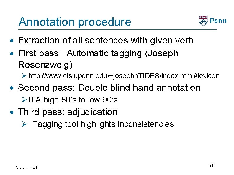 Annotation procedure Penn · Extraction of all sentences with given verb · First pass: