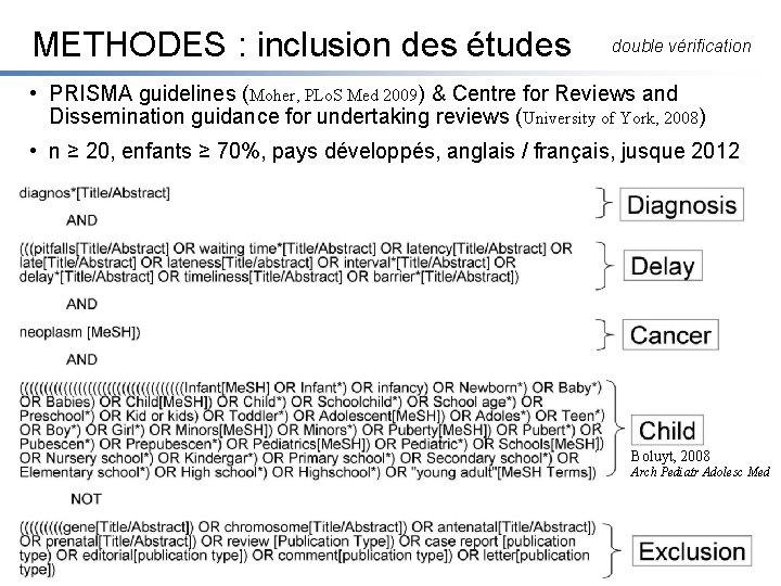 METHODES : inclusion des études double vérification • PRISMA guidelines (Moher, PLo. S Med