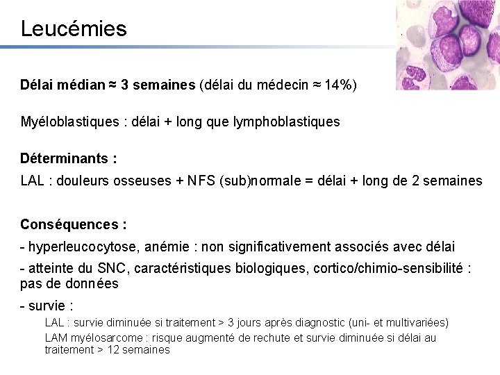 Leucémies Délai médian ≈ 3 semaines (délai du médecin ≈ 14%) Myéloblastiques : délai