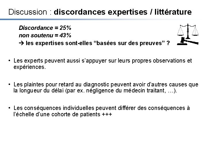 Discussion : discordances expertises / littérature Discordance = 25% non soutenu = 43% les