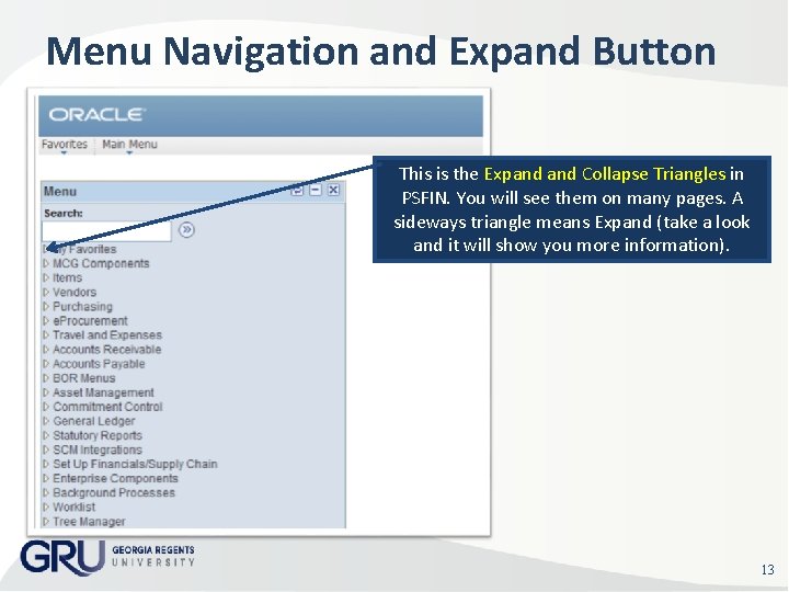 Menu Navigation and Expand Button This is the Expand Collapse Triangles in PSFIN. You