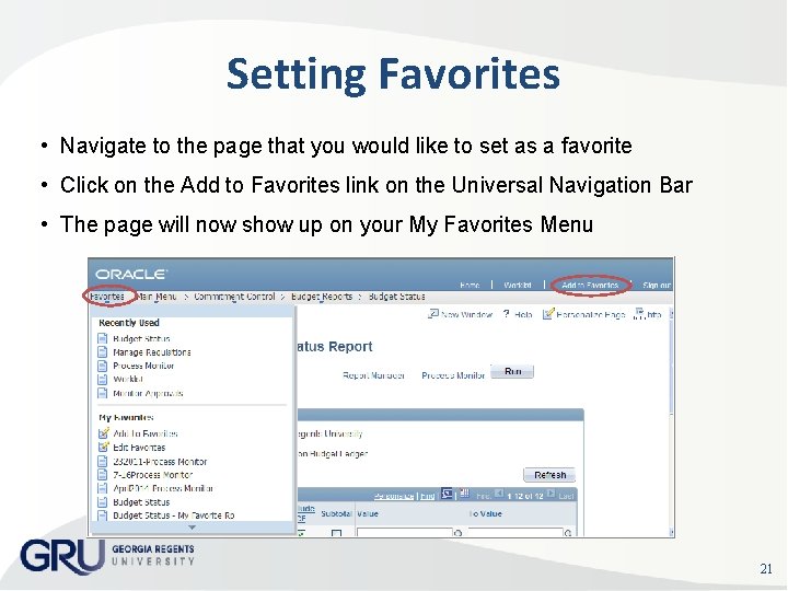 Setting Favorites • Navigate to the page that you would like to set as