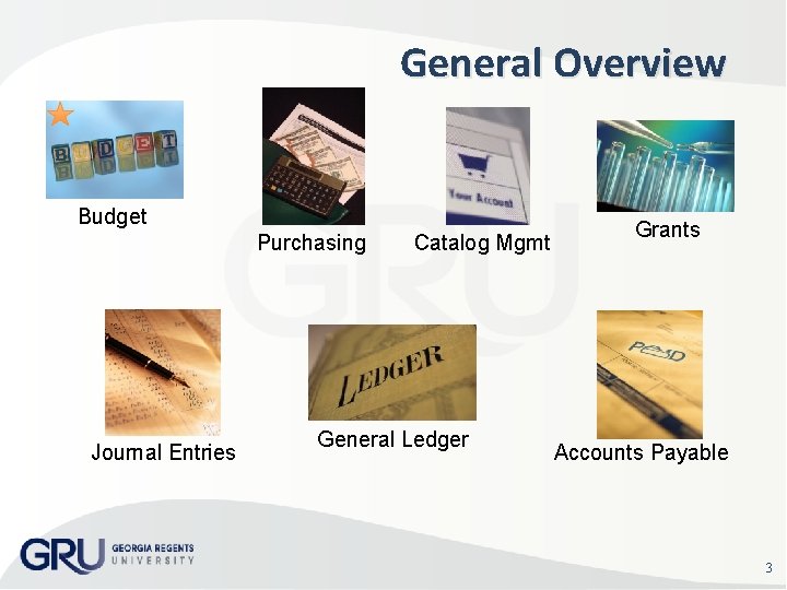 General Overview Budget Purchasing Journal Entries Catalog Mgmt General Ledger Grants Accounts Payable 3