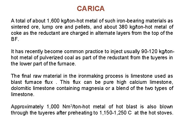 CARICA A total of about 1, 600 kg/ton-hot metal of such iron-bearing materials as