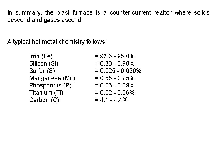 In summary, the blast furnace is a counter-current realtor where solids descend and gases