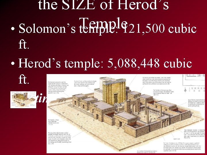 the SIZE of Herod’s Temple • Solomon’s temple: 121, 500 cubic ft. • Herod’s