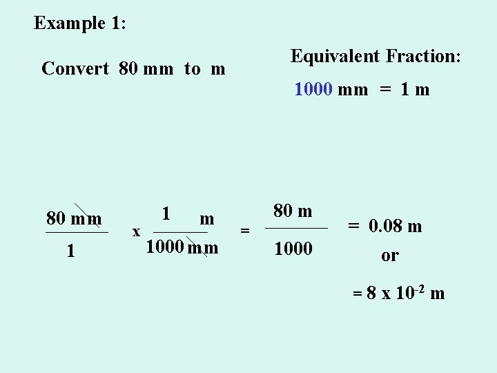 Example 1: Equivalent Fraction: Convert 80 mm to m 80 mm 1 1 m