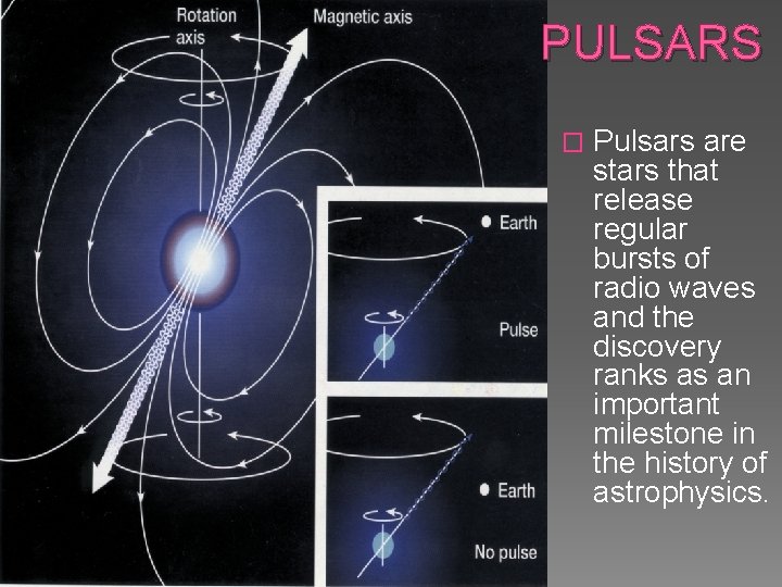 PULSARS � Pulsars are stars that release regular bursts of radio waves and the