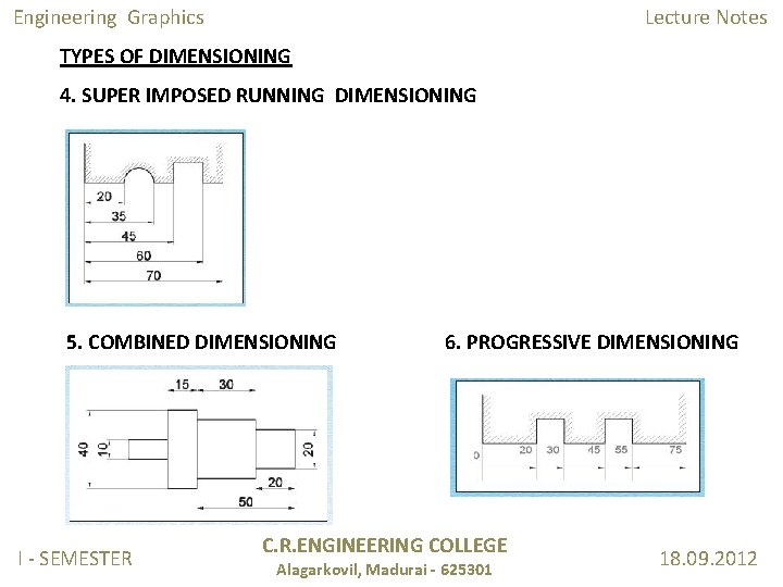 Engineering Graphics Lecture Notes TYPES OF DIMENSIONING 4. SUPER IMPOSED RUNNING DIMENSIONING 5. COMBINED