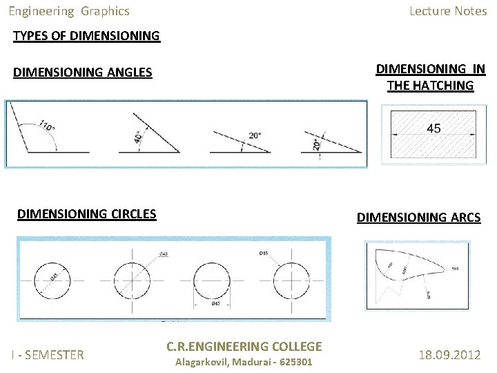 Engineering Graphics Lecture Notes TYPES OF DIMENSIONING IN THE HATCHING DIMENSIONING ANGLES DIMENSIONING CIRCLES