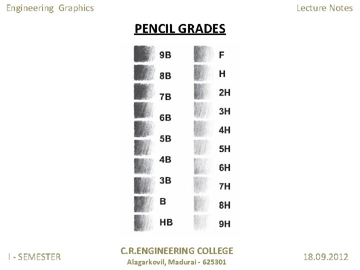 Engineering Graphics Lecture Notes PENCIL GRADES I - SEMESTER C. R. ENGINEERING COLLEGE Alagarkovil,