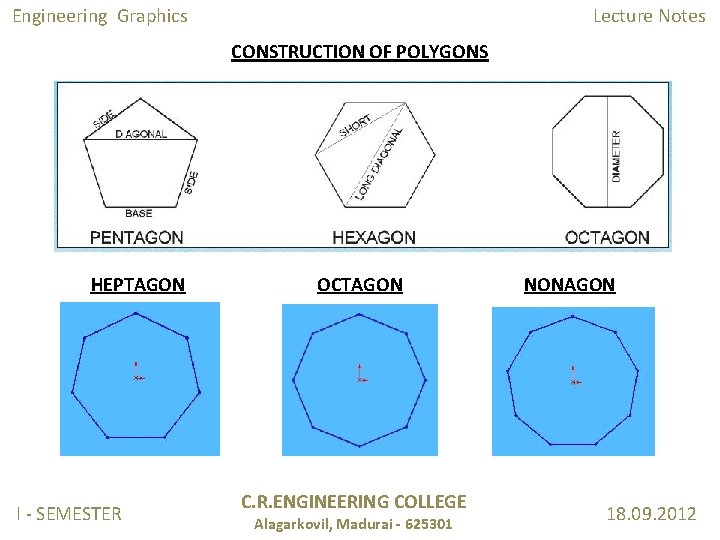 Engineering Graphics Lecture Notes CONSTRUCTION OF POLYGONS HEPTAGON I - SEMESTER OCTAGON C. R.