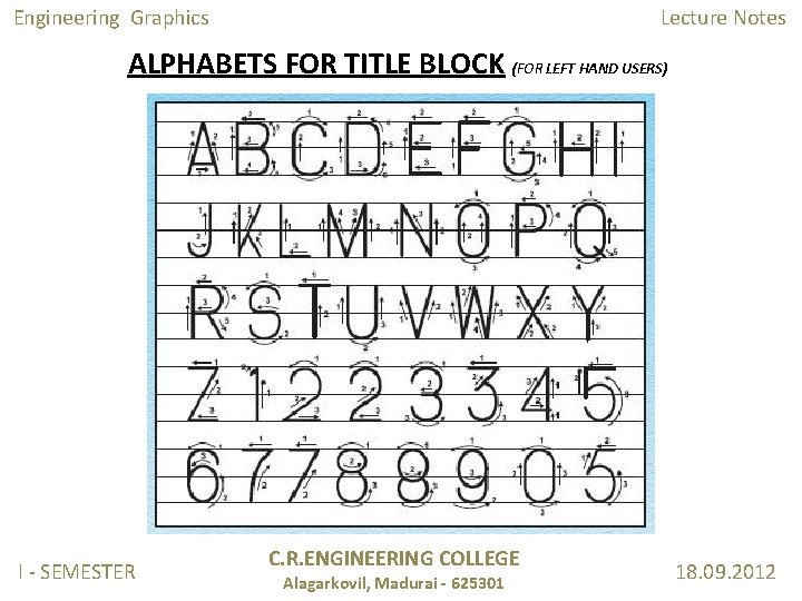 Engineering Graphics Lecture Notes ALPHABETS FOR TITLE BLOCK (FOR LEFT HAND USERS) I -