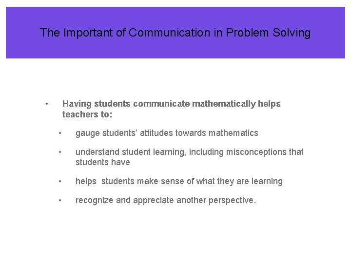 The Important of Communication in Problem Solving • Having students communicate mathematically helps teachers