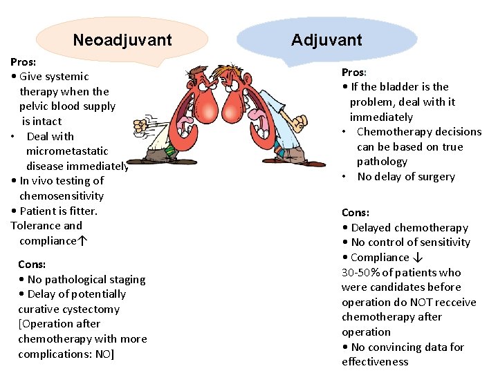 Neoadjuvant Pros: • Give systemic therapy when the pelvic blood supply is intact •