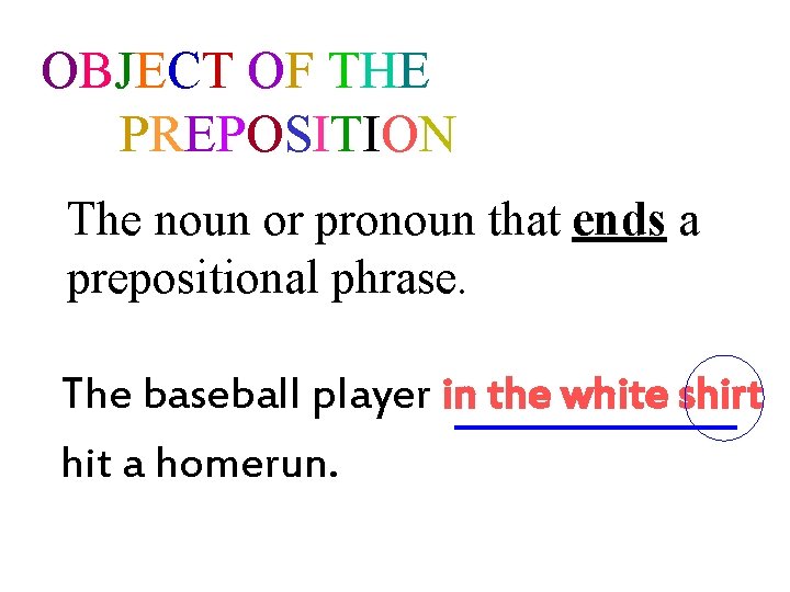 OBJECT OF THE PREPOSITION The noun or pronoun that ends a prepositional phrase. The
