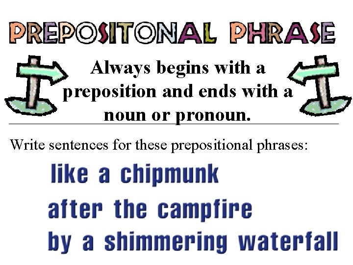 Always begins with a preposition and ends with a noun or pronoun. Write sentences