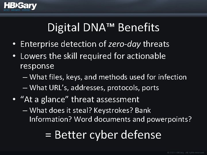 Digital DNA™ Benefits • Enterprise detection of zero-day threats • Lowers the skill required