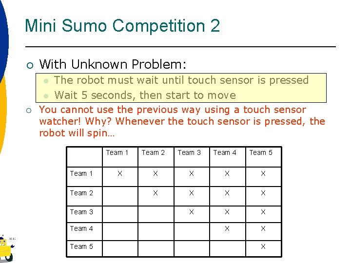 Mini Sumo Competition 2 ¡ With Unknown Problem: The robot must wait until touch