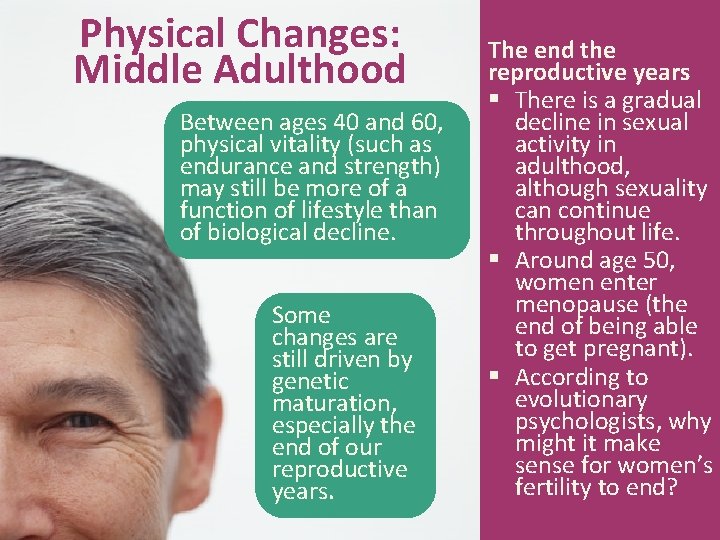 Physical Changes: Middle Adulthood Between ages 40 and 60, physical vitality (such as endurance