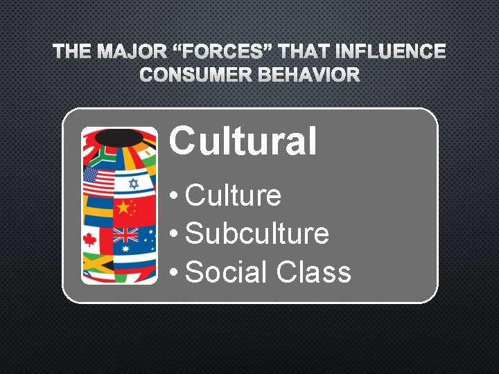 THE MAJOR “FORCES” THAT INFLUENCE CONSUMER BEHAVIOR Cultural • Culture • Subculture • Social