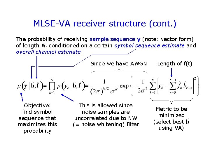 MLSE-VA receiver structure (cont. ) The probability of receiving sample sequence y (note: vector MLSE-VA receiver structure (cont. ) The probability of receiving sample sequence y (note: vector