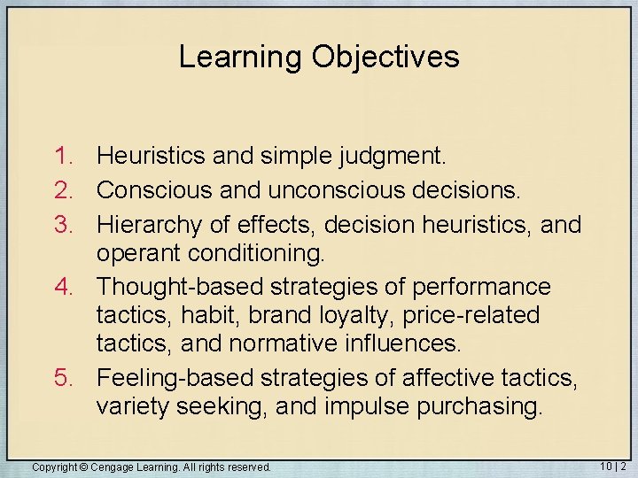 Learning Objectives 1. Heuristics and simple judgment. 2. Conscious and unconscious decisions. 3. Hierarchy