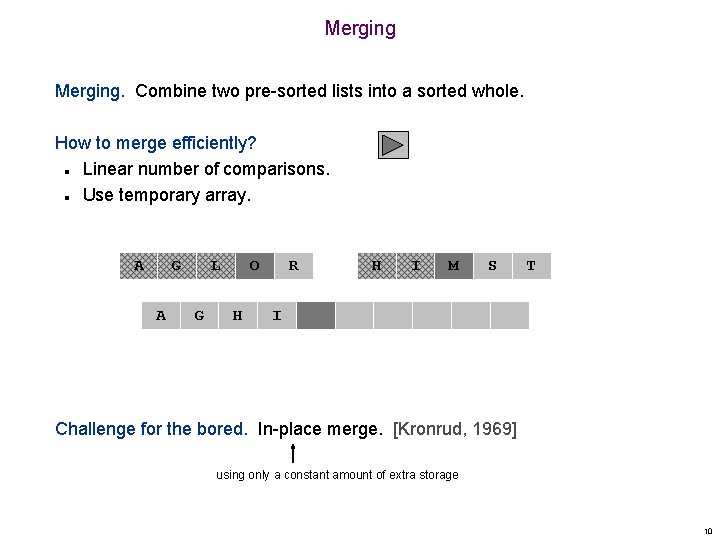Merging. Combine two pre-sorted lists into a sorted whole. How to merge efficiently? Linear