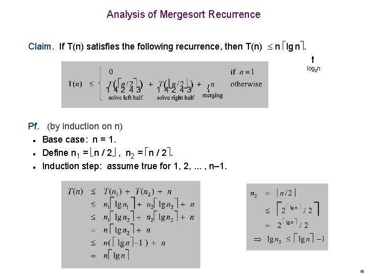 Analysis of Mergesort Recurrence Claim. If T(n) satisfies the following recurrence, then T(n) n