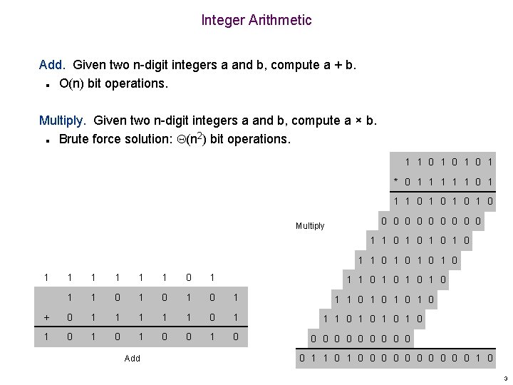 Integer Arithmetic Add. Given two n-digit integers a and b, compute a + b.