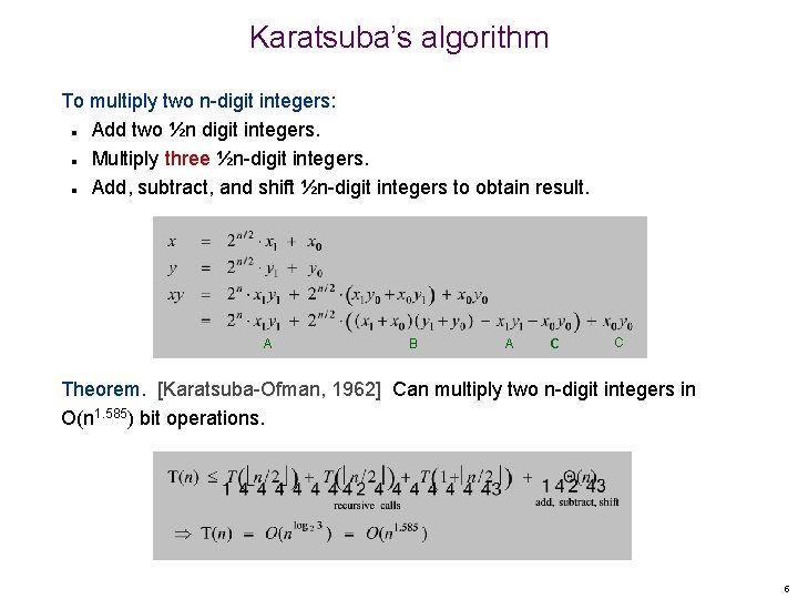 Karatsuba’s algorithm To multiply two n-digit integers: Add two ½n digit integers. Multiply three