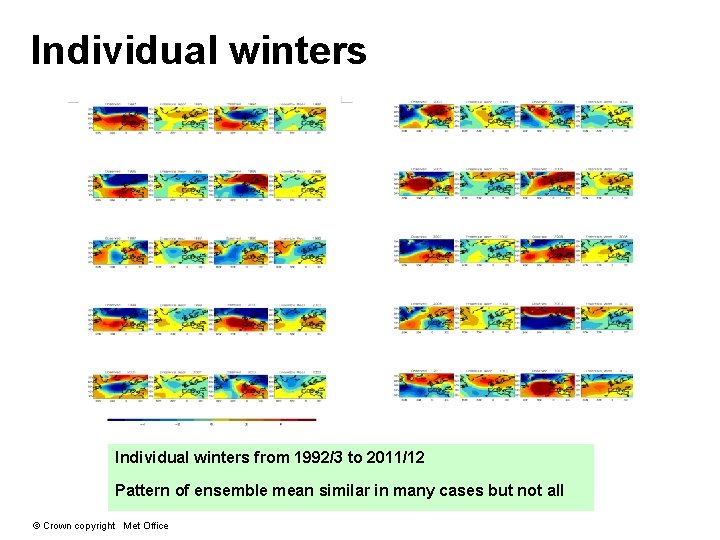 Individual winters from 1992/3 to 2011/12 Pattern of ensemble mean similar in many cases