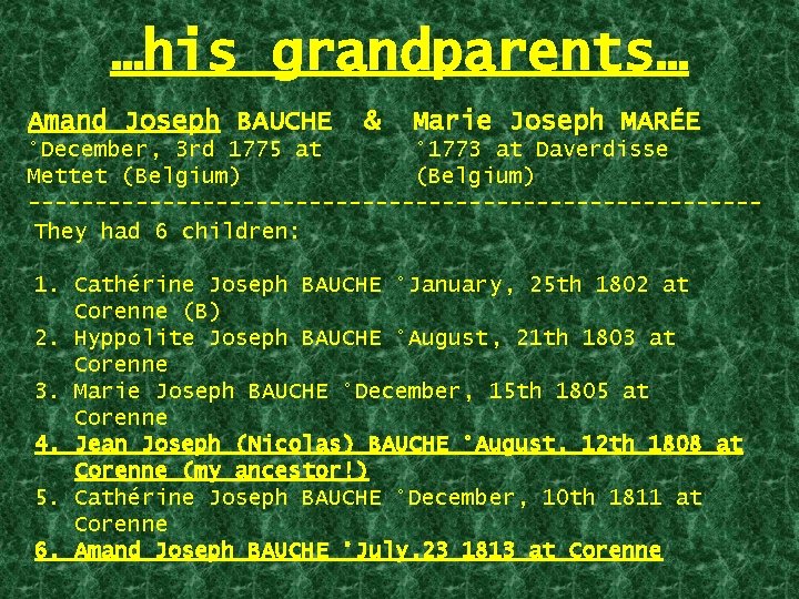 …his grandparents… Amand Joseph BAUCHE & Marie Joseph MARÉE °December, 3 rd 1775 at