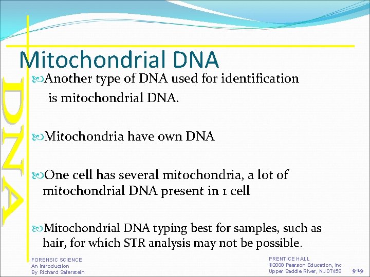 Mitochondrial DNA Another type of DNA used for identification is mitochondrial DNA. Mitochondria have